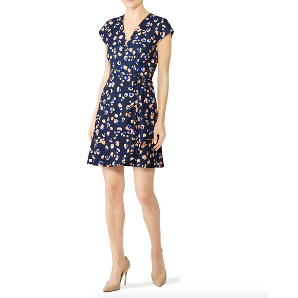 Hutch Clara Wrap Dress M Leopard Dot Navy Blue Satin Academia Office Career - Picture 1 of 7